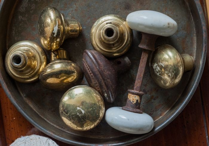 Collection of old door knobs.