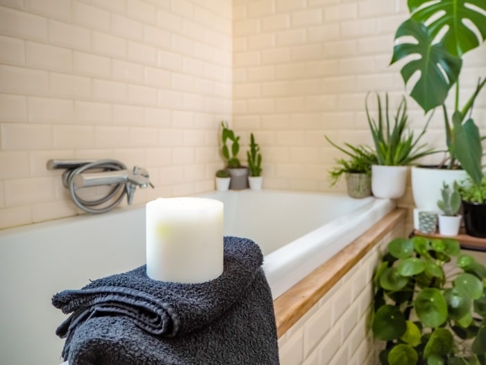 Bathtub with candles and green plants.