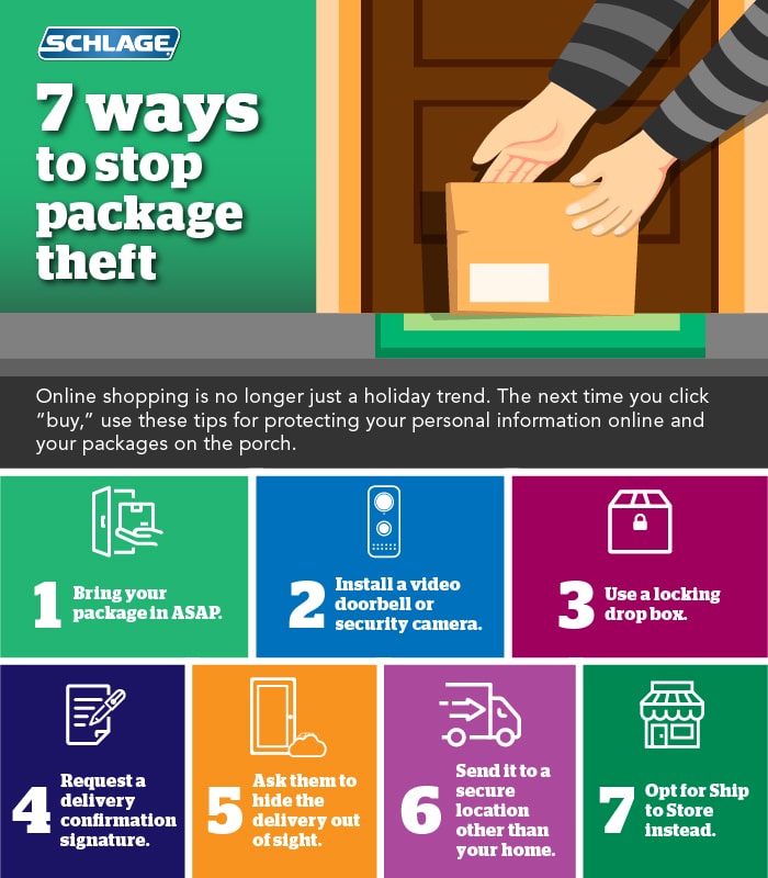 Infographic with 7 tips for preventing package theft and porch pirates.