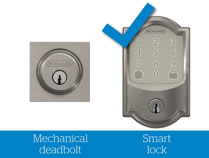 Schlage mechanical deadbolt without check mark and smart lock with blue check mark.