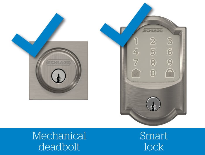 Schlage mechanical deadbolt and smart lock with blue check marks.