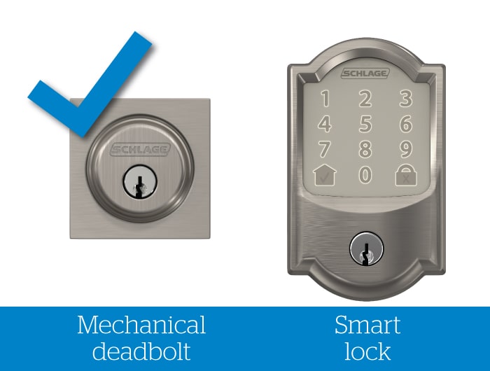 Schlage traditional deadbolt with blue check mark and smart door lock without check mark.