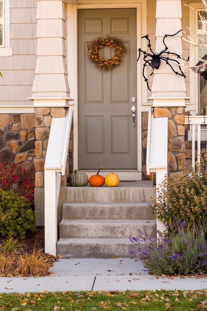 Front door with Halloween decorations, spider, web and pumpkins.