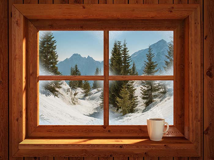 View of winter landscape from cabin window.