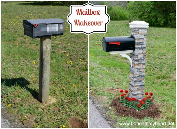 DIY mailbox post with stones