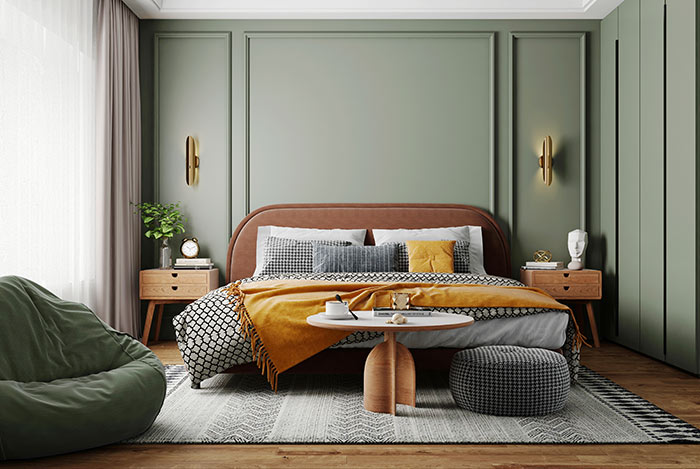 Moody maximalist bedroom with velvet textiles.