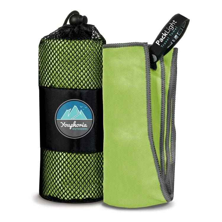 Green microfiber outdoor travel towel.