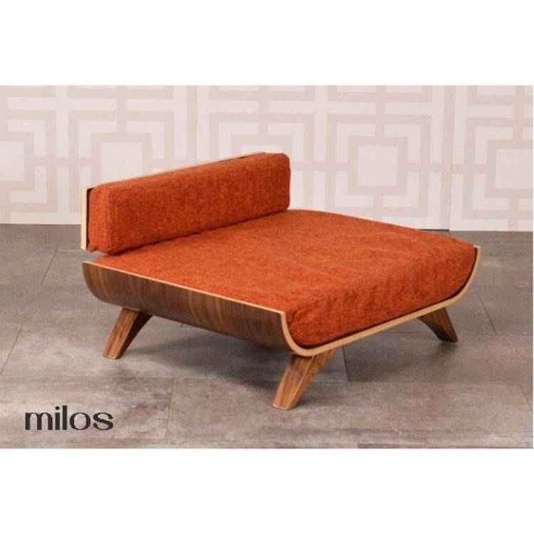 Milos mid-century-modern dog bed with copper tweed cushion.