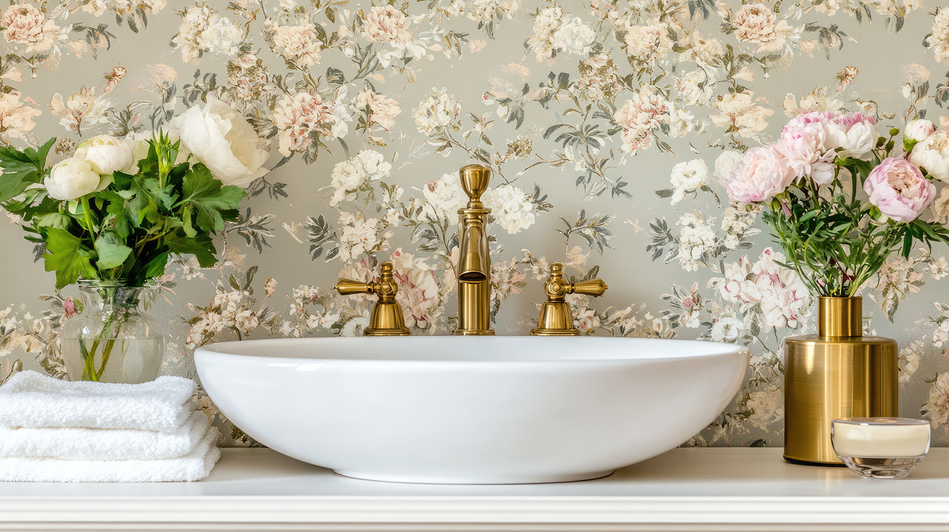 Bold floral wallpaper in a bathroom with modern gold accents.