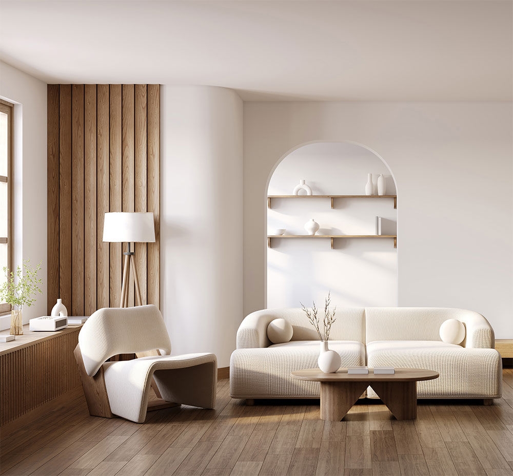 Cream colored couch in wood room