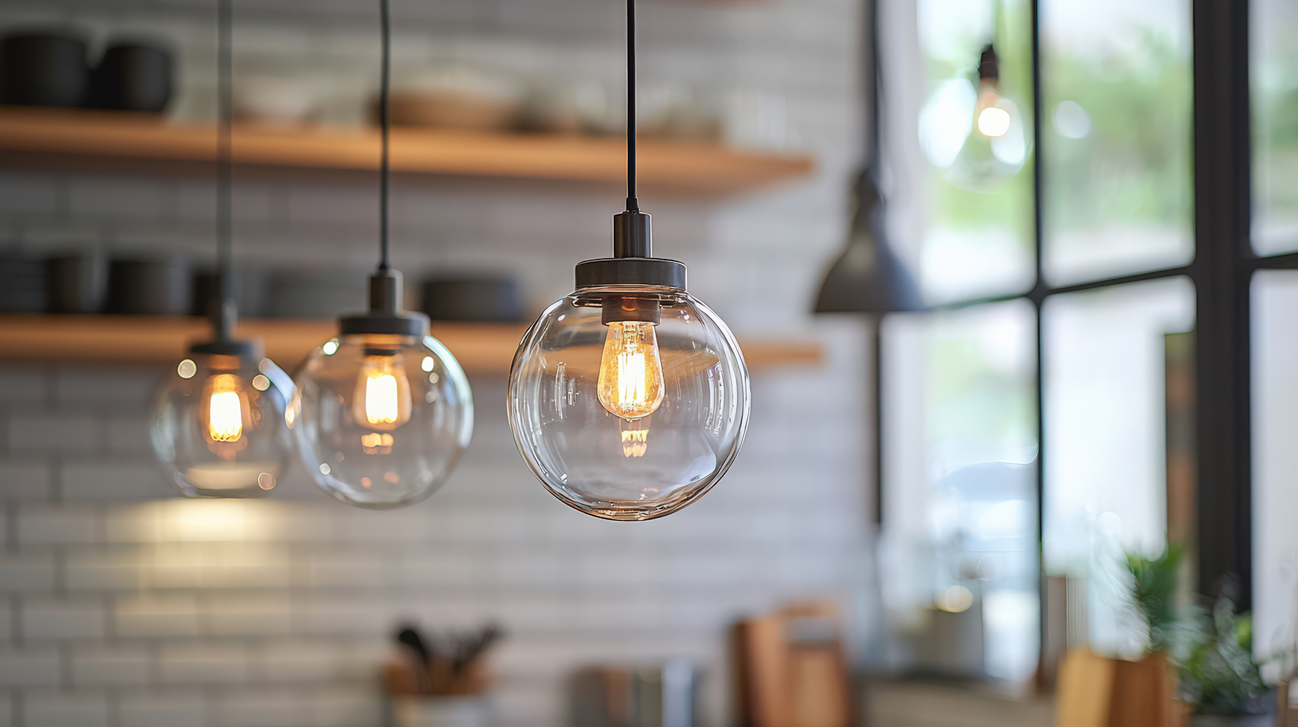 Close up of unique light fixtures in a clean white farmhouse kitchen.