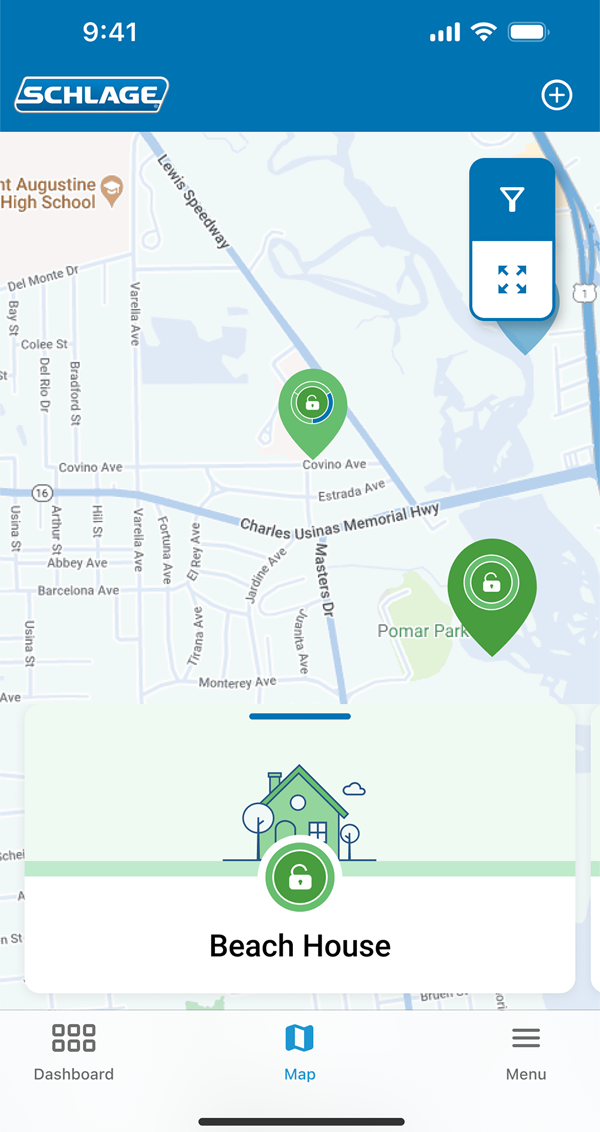 Map view showing multiple properties.