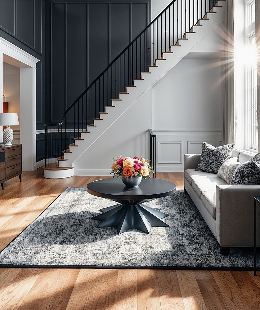 modern staircase with sunlight shining through