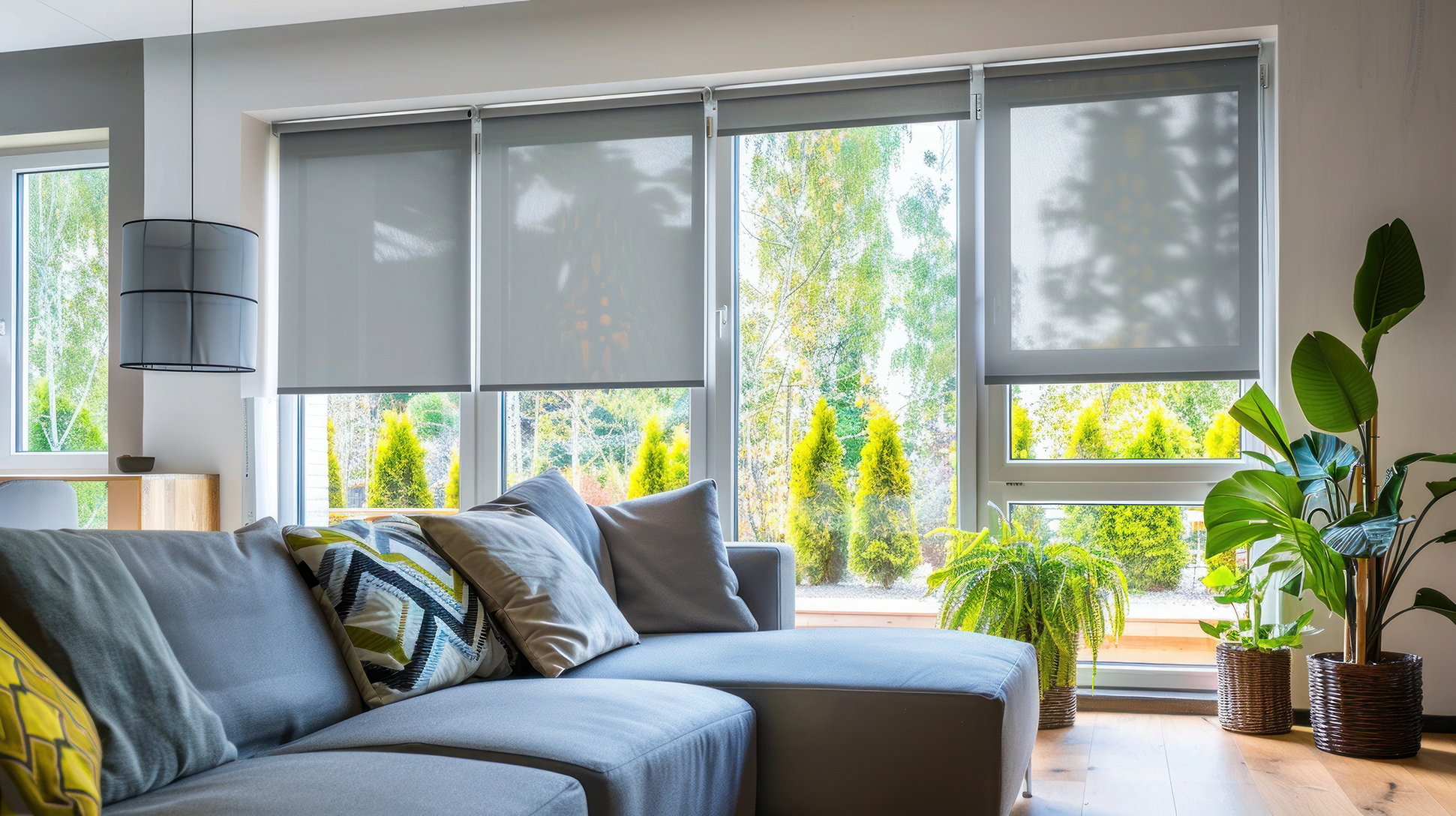 Modern living room with custom blinds that match the color of the softa.