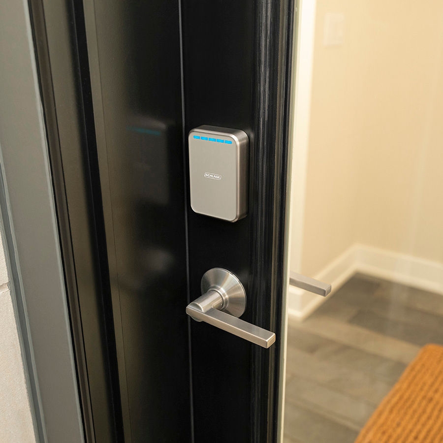 ultrawide band smart lock in silver with matching door silver door handle
