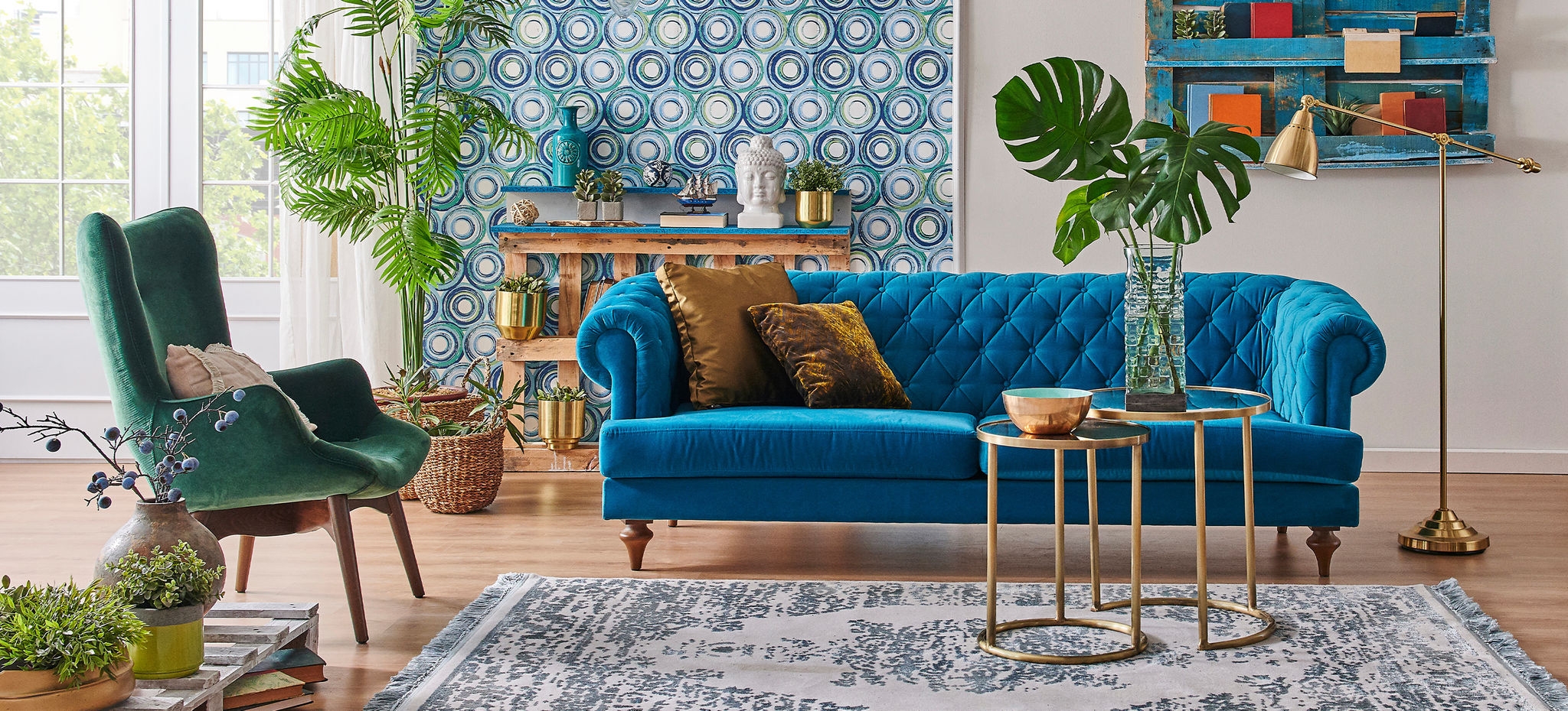 Eclectic living room with mixed styles.