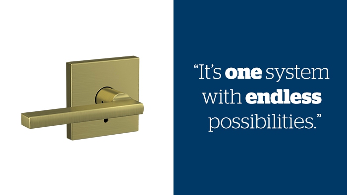 Premium door hardware - Latitude Lever with Collins trim - Satin Brass hardware - Schlage Custom