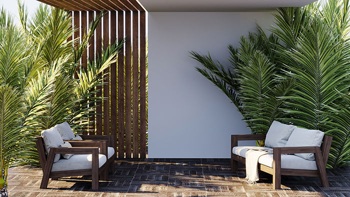 Tropical back yard of modern vacation home with large palm greenery.