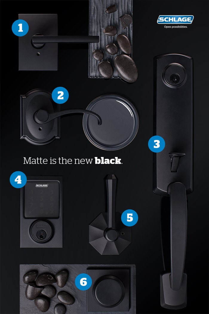 Mood board of Schlage matte black door hardware.