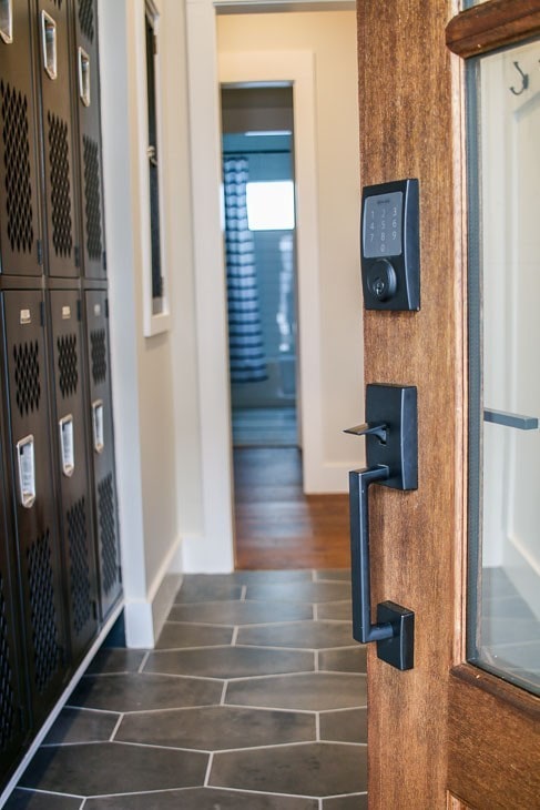 Schlage Sense Smart Deadbolt on mudroom door.