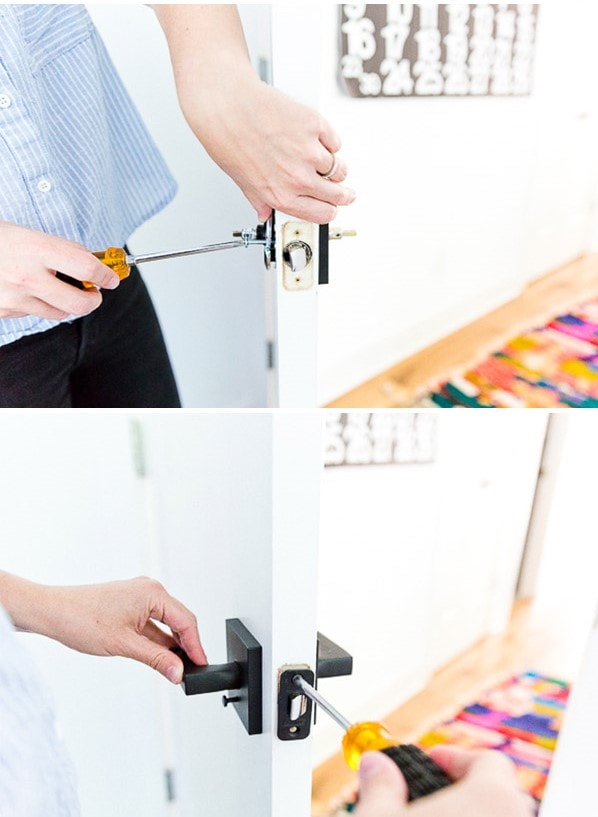 Woman installing Schlage bedroom door handle.