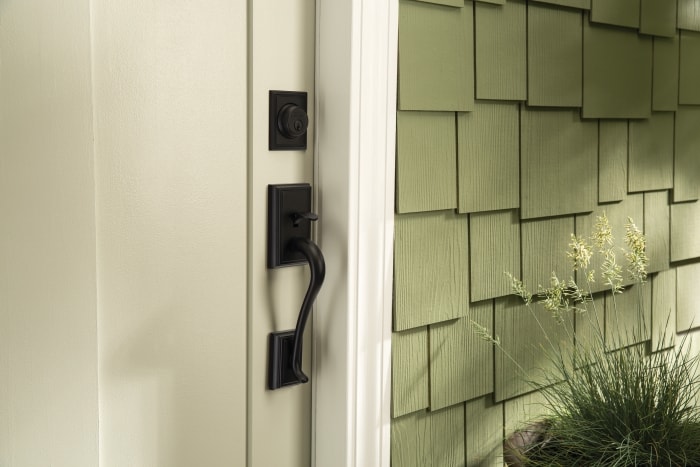 Schlage Addison deadbolt with handleset on front door.