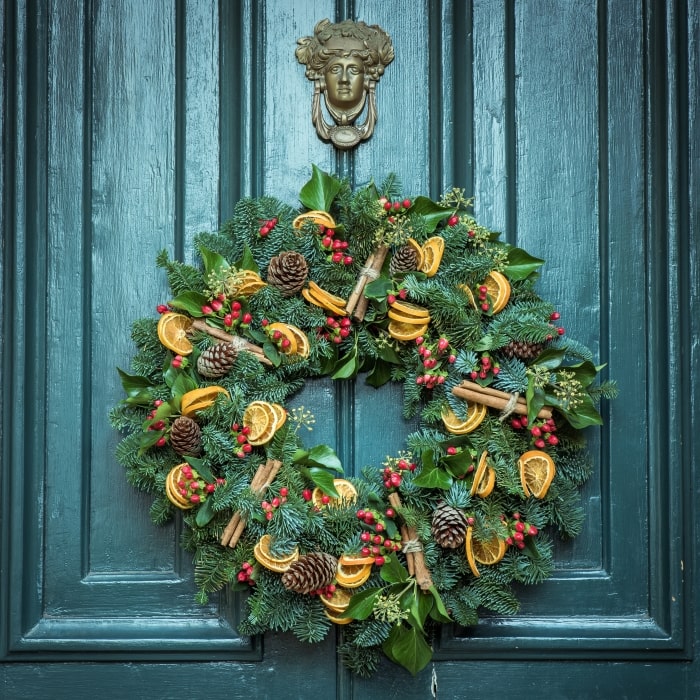 Holiday wreath with citrus and cinnamon