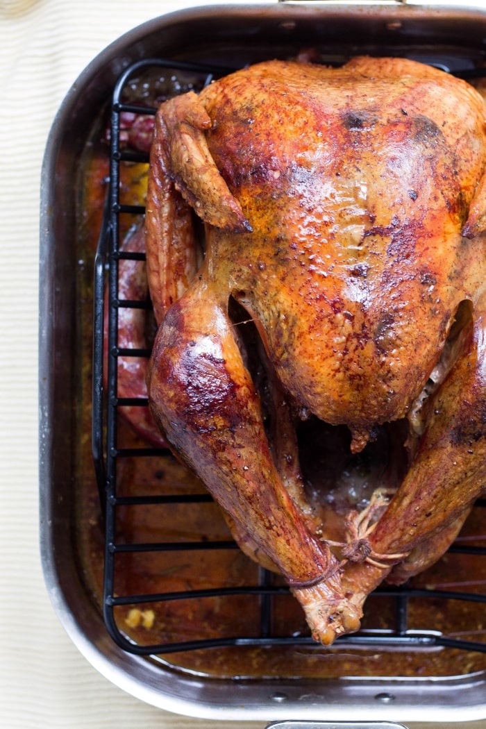 Thanksgiving turkey in a roasting pan.