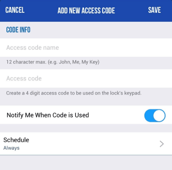 Schlage Home app adding new access code setup screen.