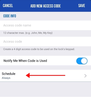 Schlage Home app schedule access codes screen.