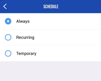 Schlage Home app access code schedule types screen.