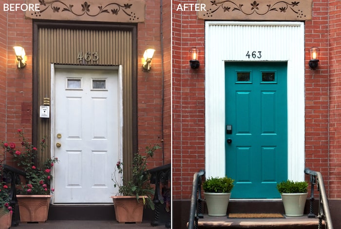 Brooklyn Limestone front door before and after new paint.