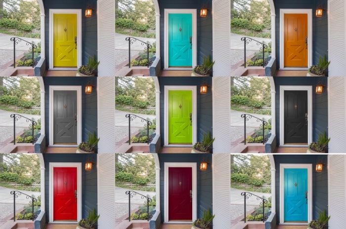 Photo of front door painted 9 different ways.
