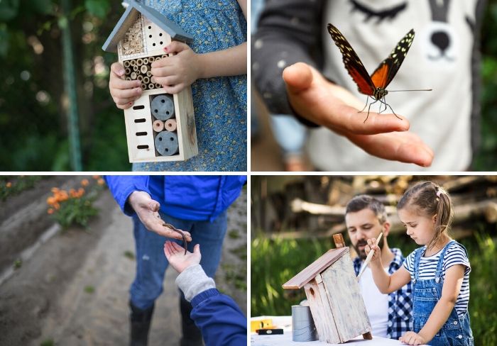 Kids with garden bugs and bird house.