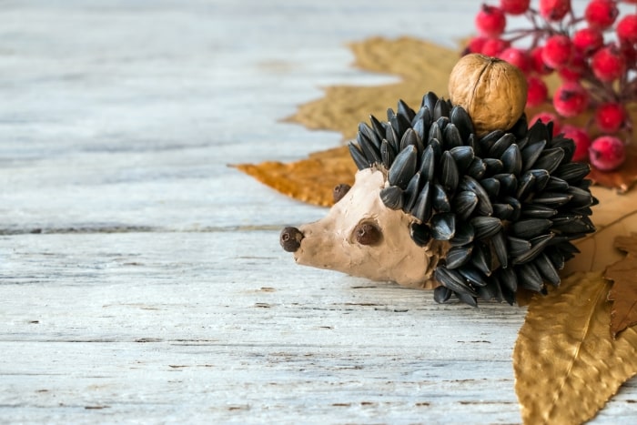 Hedgehog made of sunflower seeds and clay.