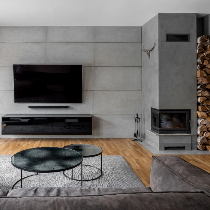 Modern living room with concrete wall and fireplace
