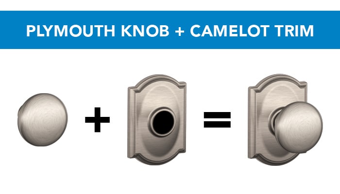 Schlage Plymouth knob with Camelot trim in Satin Nickel finish.