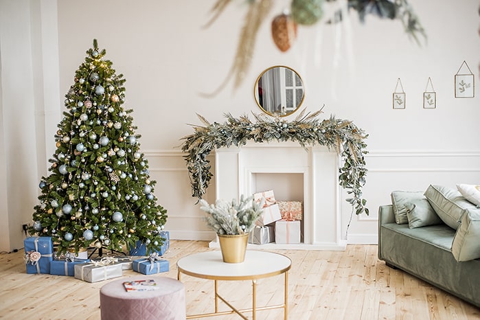 Glamorous living room with Christmas decor.