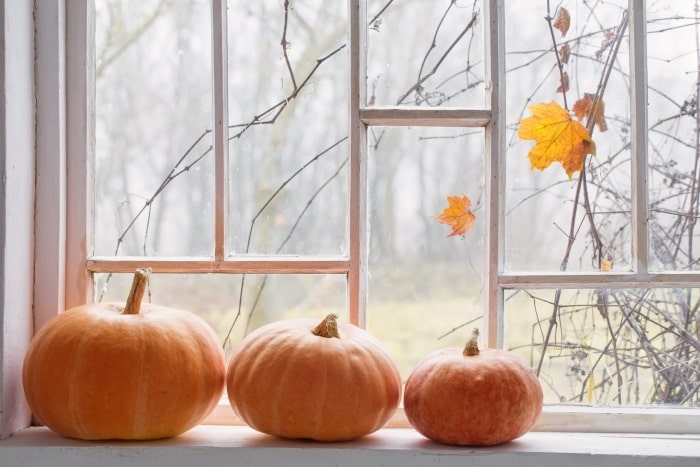 Three pumpkins sitting in windowsill.