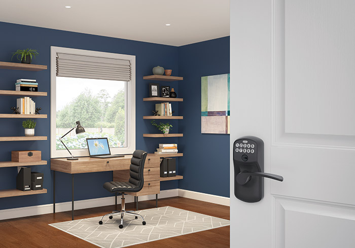 Home office with electronic Schlage keypad lever.