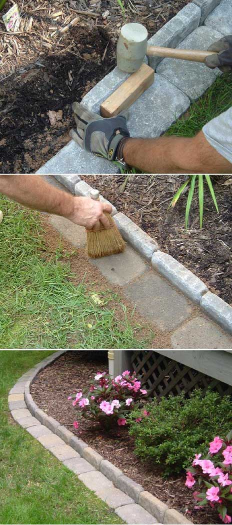 DIY brick edging for flower beds.