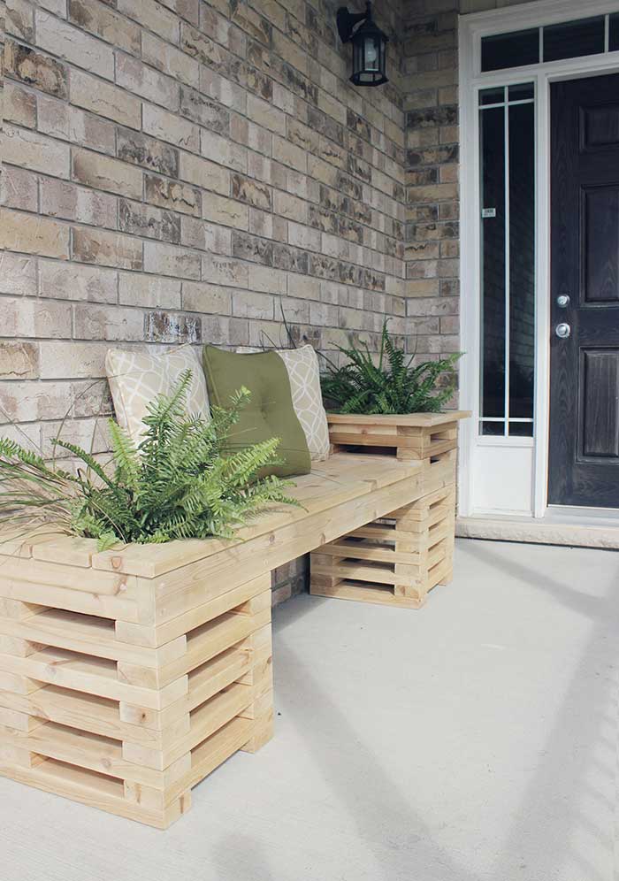 DIY cedar planter bench for front porch.