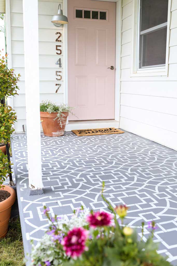 Faux tile stenciled cement front porch.