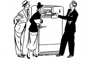 Retro clipart of couple shopping for new fridge.