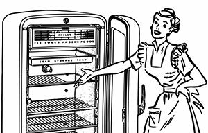 Retro clip art of lady with new fridge.