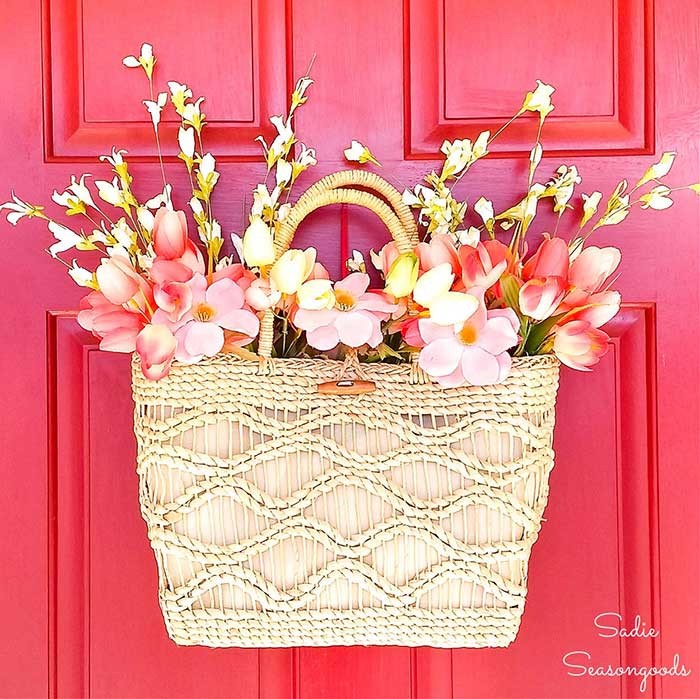 Spring door decor from a straw tote bag.