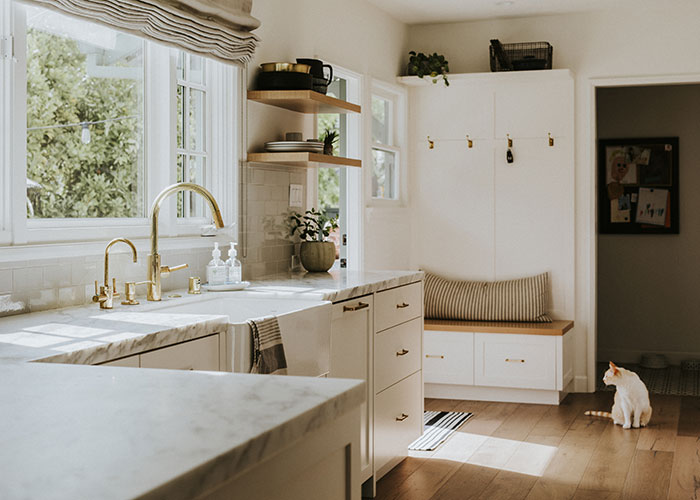 Farmhouse kitchen with white cat.