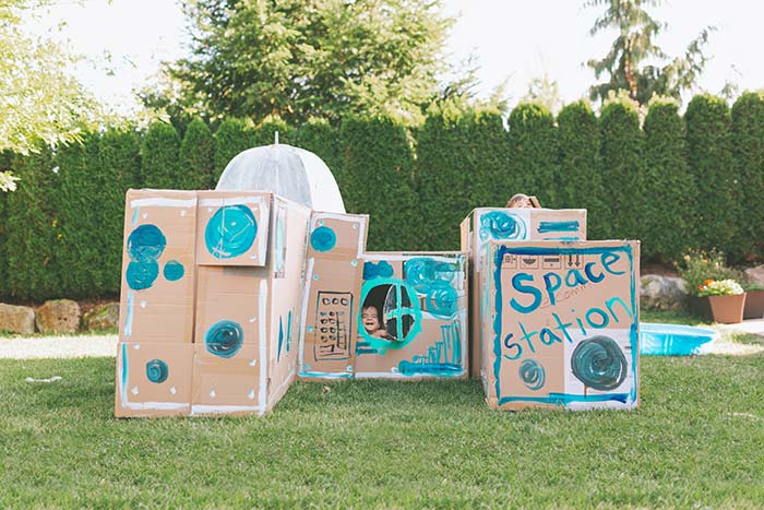 Cardboard boxes reused for kids diy space station