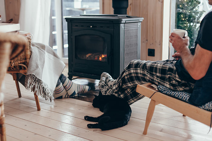 Couple and cat sitting next to wood stove.