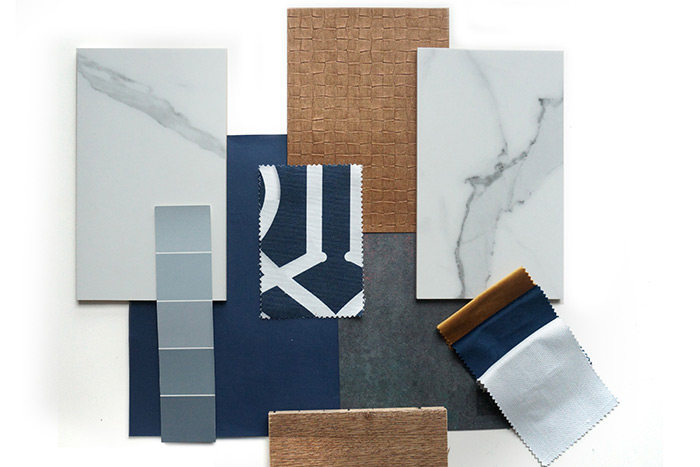 Mood board with flooring, marble countertop and blue swatches.